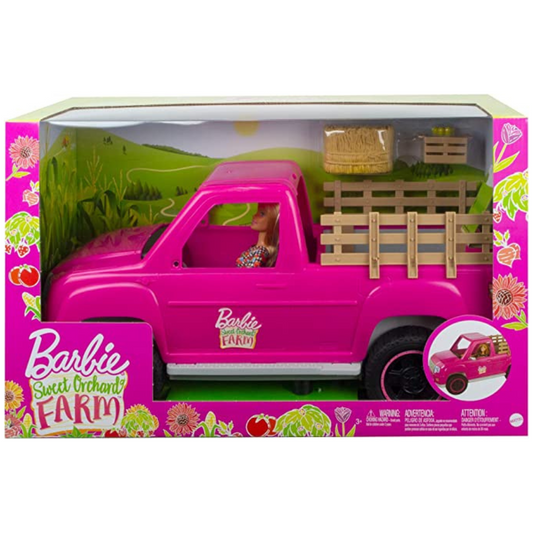Barbie Sweet Orchard Farm Truck & Doll Set, Blonde Doll & Pink Truck with Working Tailgate, Hay Bale, Crate & Corn, Gift for 3 to 7 Year Olds
